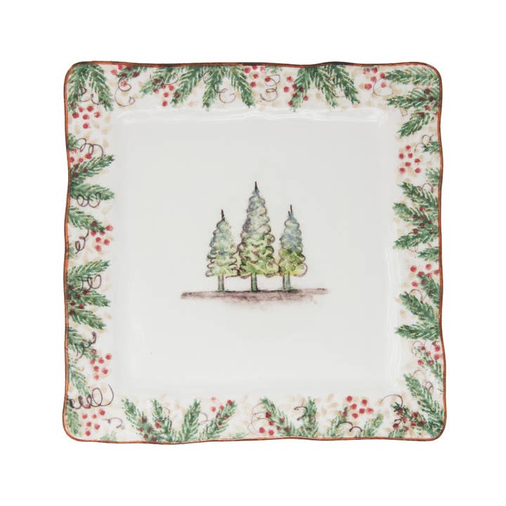 Arte Italica & Crown Linen Designs – Großhandel Essteller – Natale quadratischer Speiseteller mit Weihnachtsmotiv