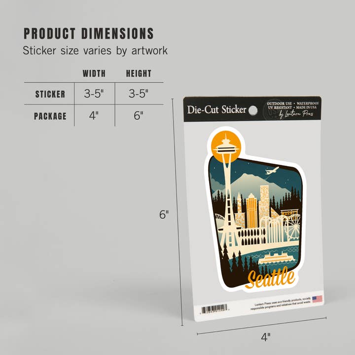 Lantern Press - Wholesale Sticker - STICKERS Seattle, Washington, Retro Skyline