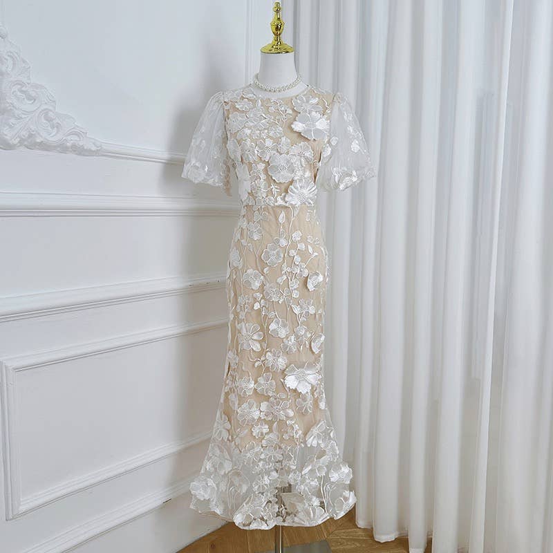 Sanyao Fashion - Wholesale Dress - Women's - SY474 3D Floral Embroidered Puff Sleeve Fishtail Skirt4