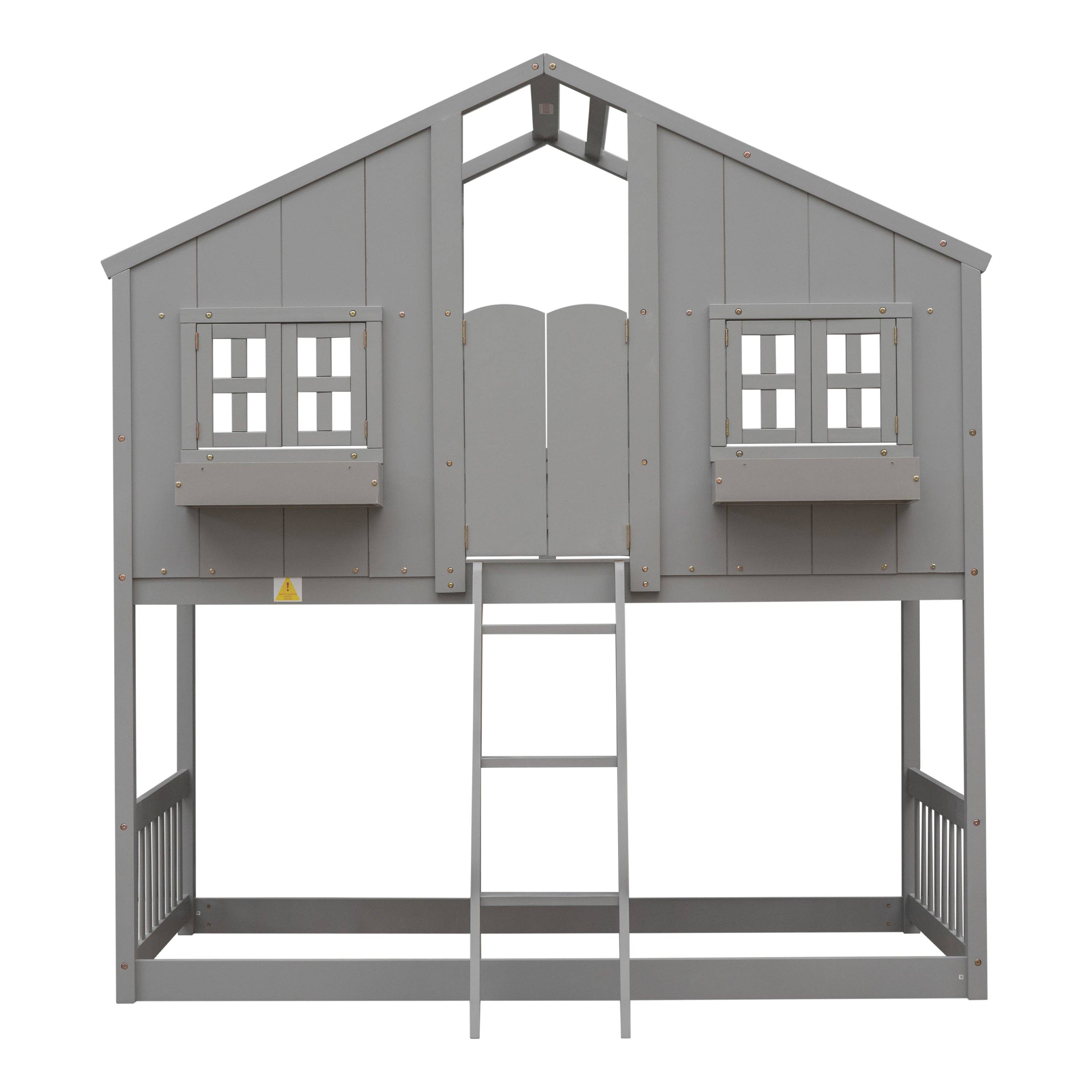 39F Inc. - Wholesale Bed - Kids & Baby - Grey Twin over Twin House Bunk Bed with Roof, Guardrails 21