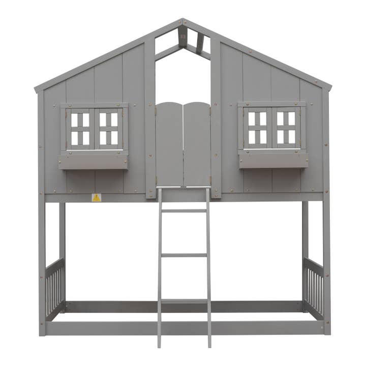 39F Inc. - Wholesale Bed - Kids & Baby - Grey Twin over Twin House Bunk Bed with Roof, Guardrails 21
