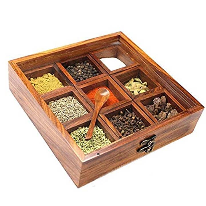 Keeraft - Wholesale Spice Rack - Antique Wooden Spice Box Glass Lid Home Decor2