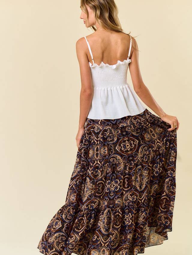 Saints & Hearts - Wholesale Skirt - Women's - SS1147O BLACK/TAUPE PAISLEY PRINT TIERED MAXI SKIRT3