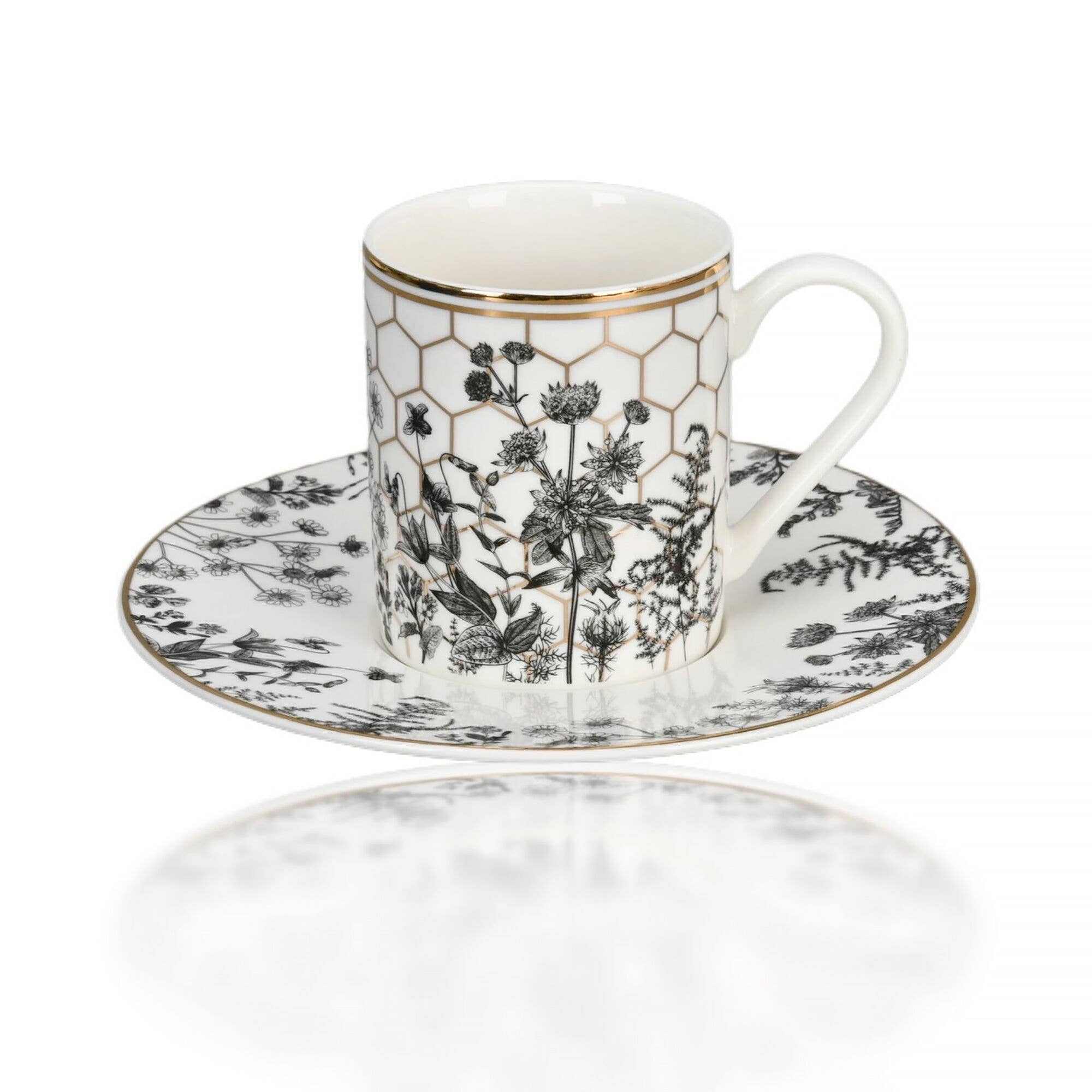 STP - Wholesale Coffee/Tea Cup - Gold Honeycomb Porcelain Espresso Cup/Saucer Set of 43