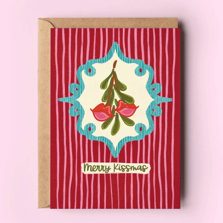 Merry Kissmas Mistletoe Lips Kiss Holiday Love Greeting Card for wholesale by The Shelley Society