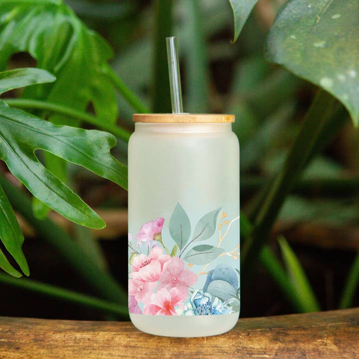 Flower covered 16oz glass cup for wholesale by Lily's Craftory