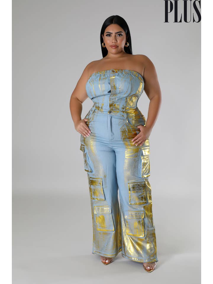 5besties inc – wholesale Jumpsuit - Dam – Jeansjumpover utan axelband med folieprint