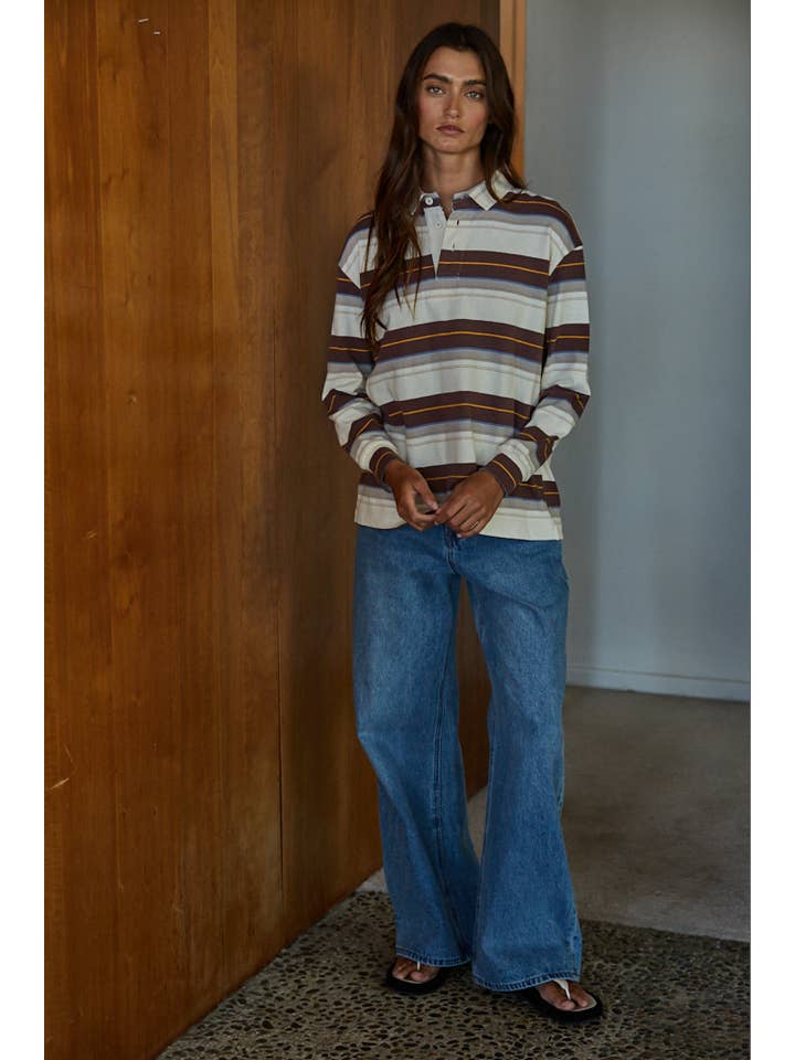 Cream Chocolate L8512 | Knit Cotton Jersey Striped Collar Neck Pullover for wholesale on Faire1