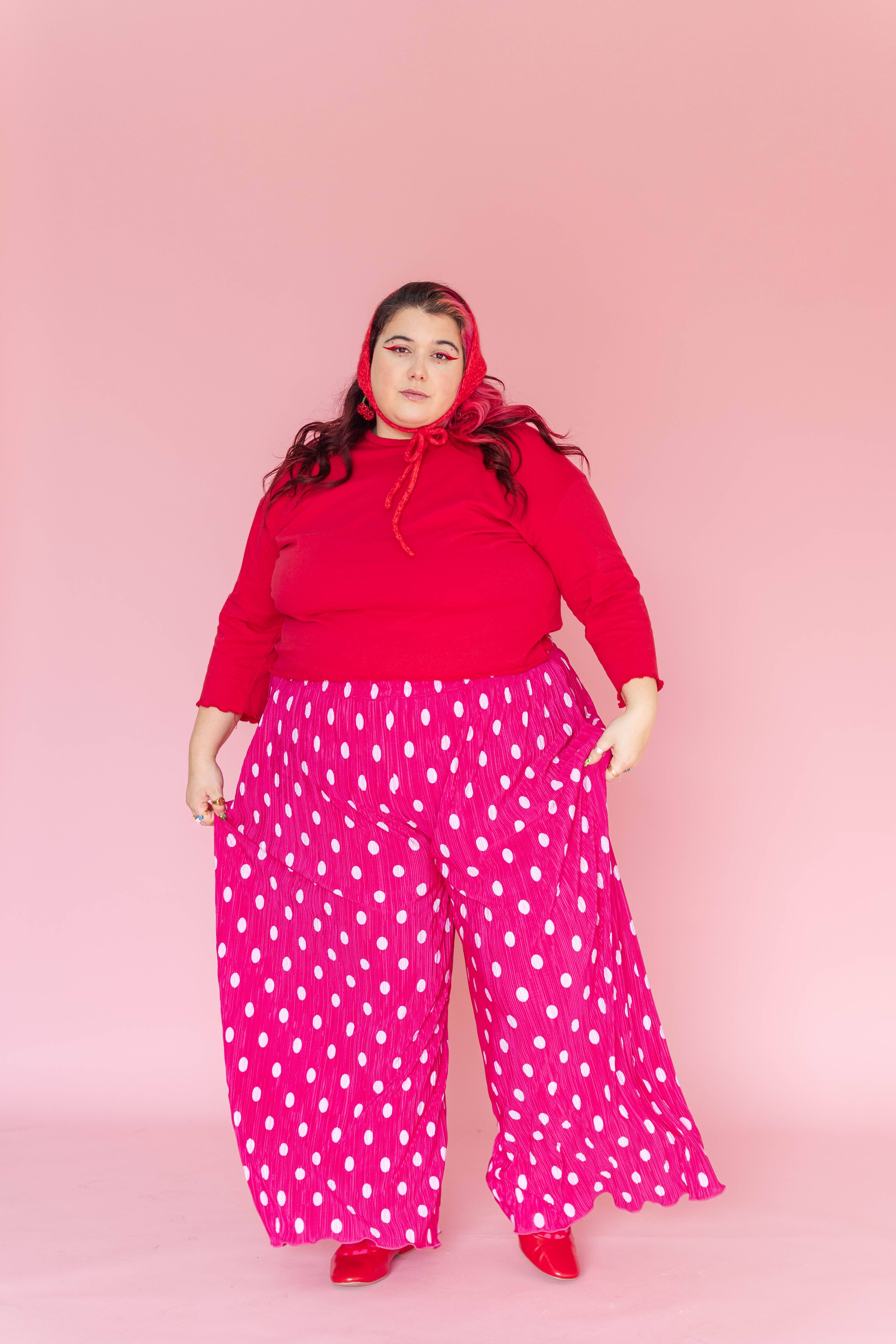 Nettle Studios - Wholesale Pants - Women's - Size Inclusive Hot Pink & White Polka Dot Pleated Flare Pant11