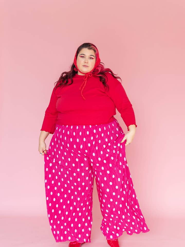 Nettle Studios - Wholesale Pants - Women's - Size Inclusive Hot Pink & White Polka Dot Pleated Flare Pant11