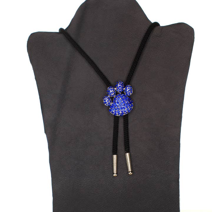 HHH Designs - Wholesale Y-Neck/Lariat Necklace - Blue Rhinestone Paw Print Bolo Tie, made in USA, each