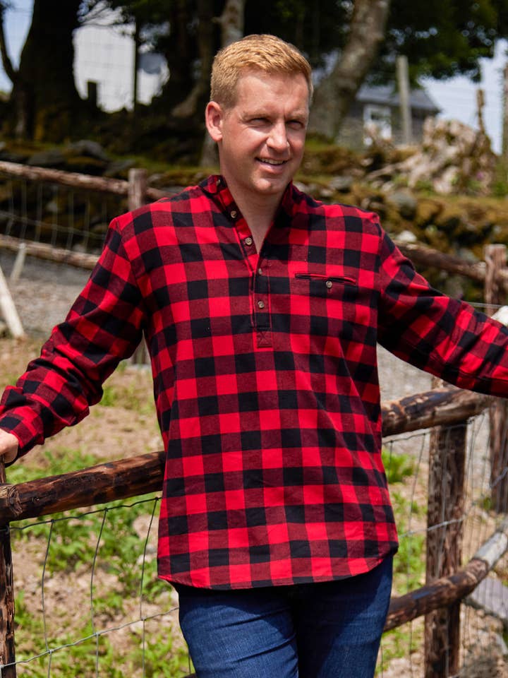 Grandfather Shirt Flannel Red Black Check (LV9) for wholesale by Lee Valley Ireland