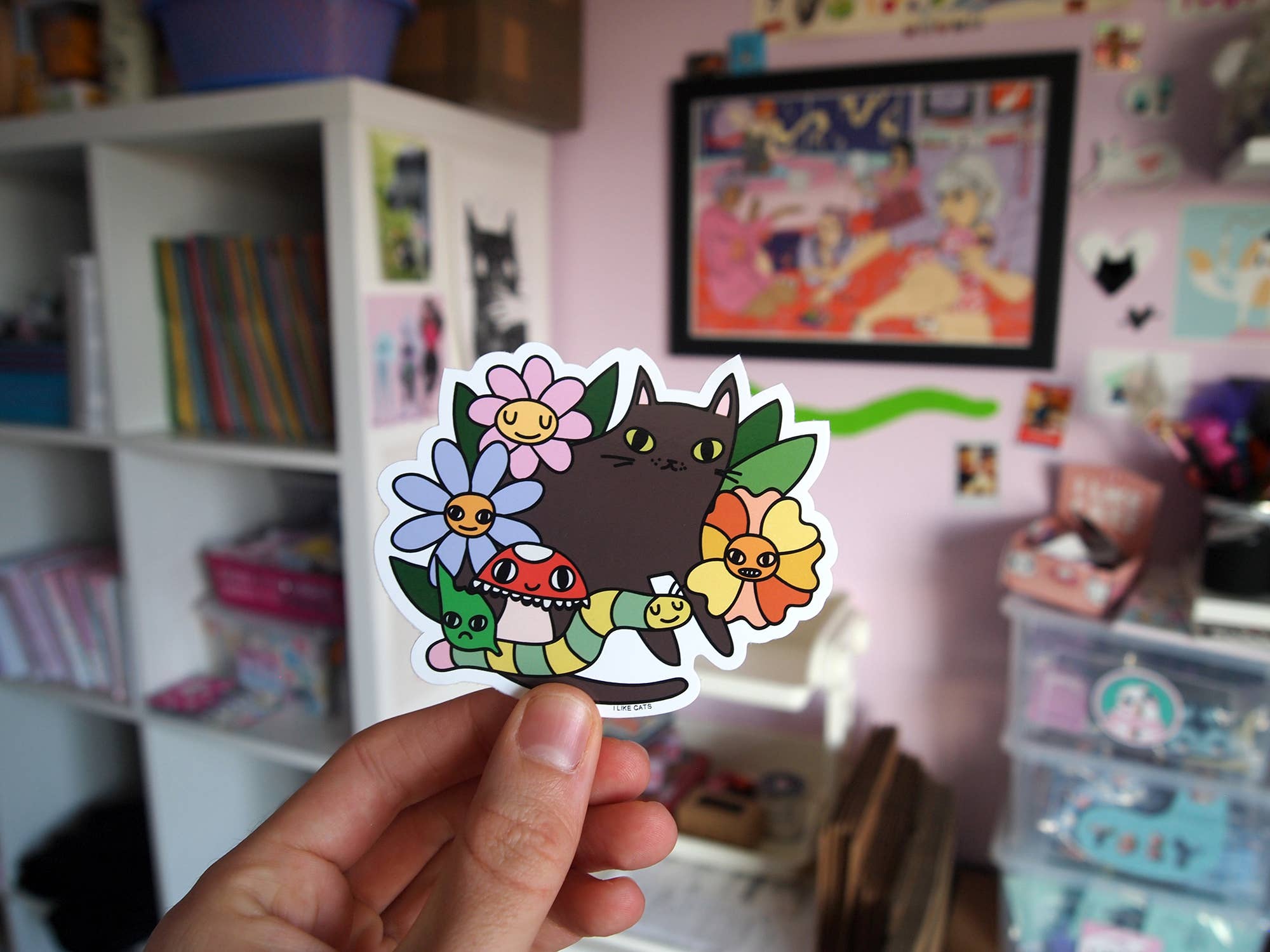I LIKE CATS - Wholesale Sticker - Black cat with flowers, bugs and mushroom vinyl sticker8