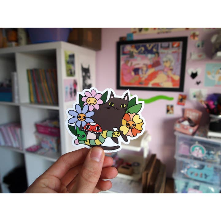I LIKE CATS – wholesale Sticker – Black cat with flowers, bugs and mushroom vinyl sticker8