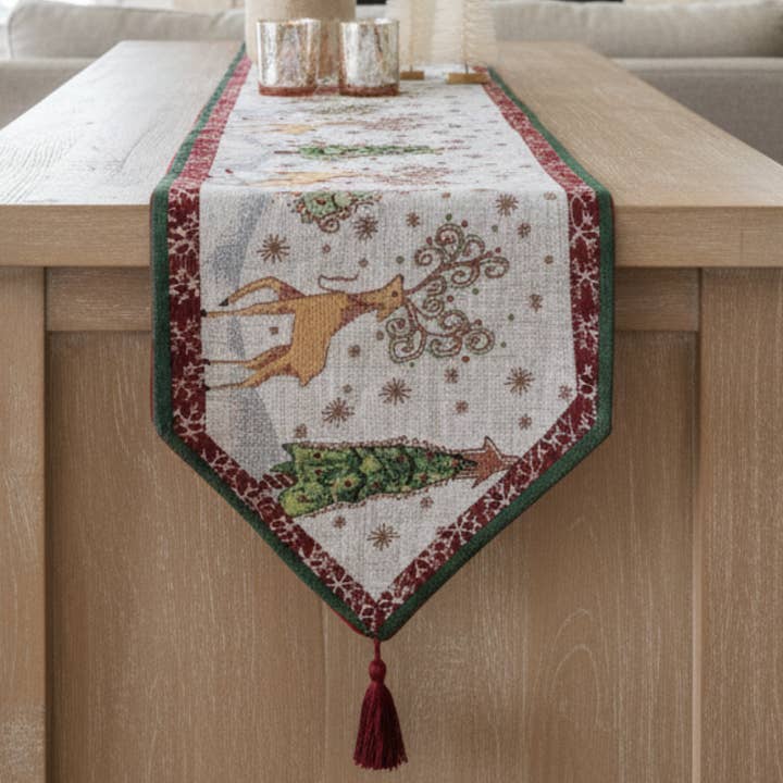 Tache Winter Forest Reindeer Vintage Holiday Woven Tapestry Table Runners (9192TR) for wholesale by Tache Home Fashion