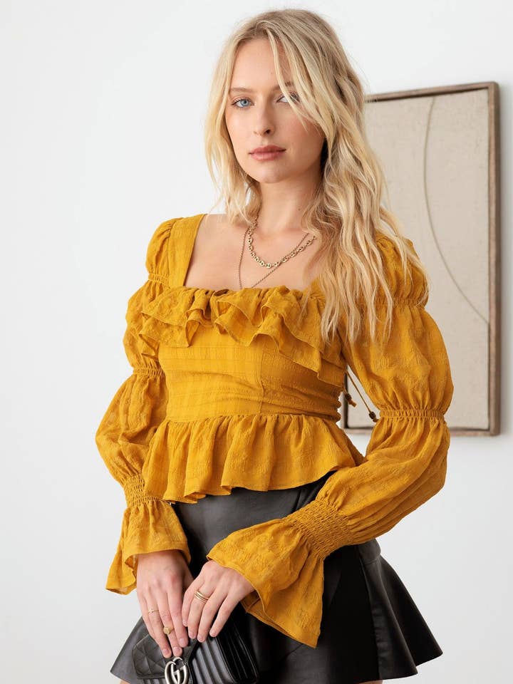 Boho Shirred Smocked Peplum Long Sleeve Top for wholesale by Tasha Apparel Wholesale