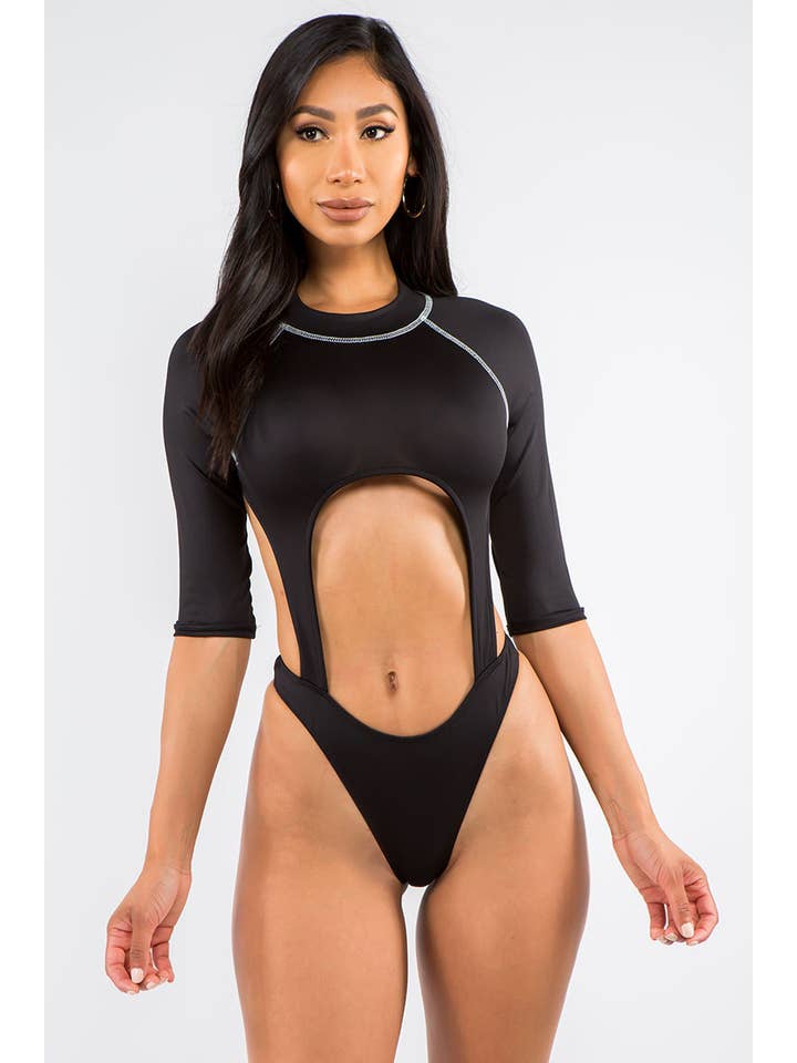 Zwart J6293 bodysuit met open rug en halve mouwen voor groothandel op Faire