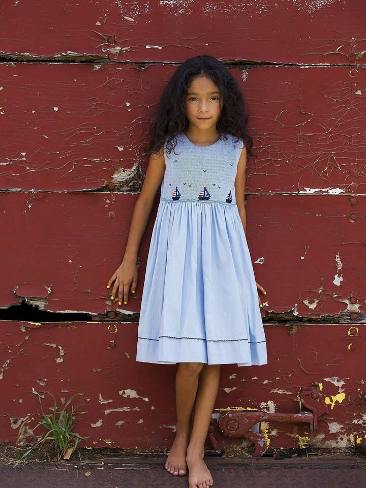 Sail Boats Blue Hand Smocked Dress - Toddler Girls for wholesale by Julius Berger & Carriage Boutique