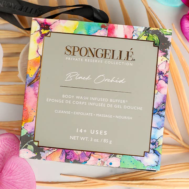 Black Orchid Badepuff und Körperpeeling – Private Reserve Collection für den Großhandel von Spongellé | Christmas 2025 | Stocking Stuffers | Gifts