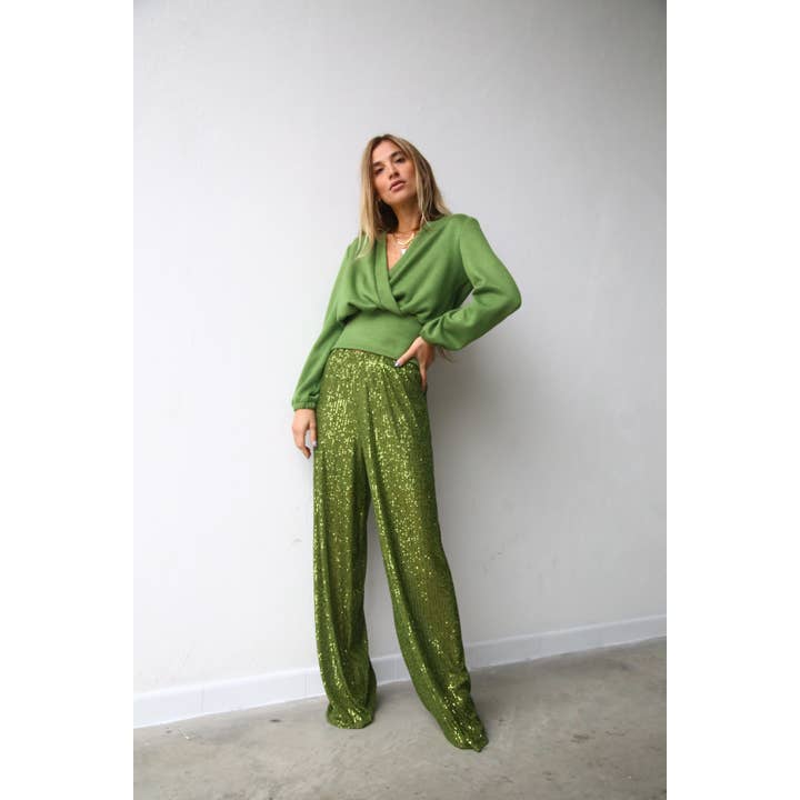 lentejuelas de pistacho W5052 Pantalones acampanados con lentejuelas color pistacho de venta al por mayor en Faire