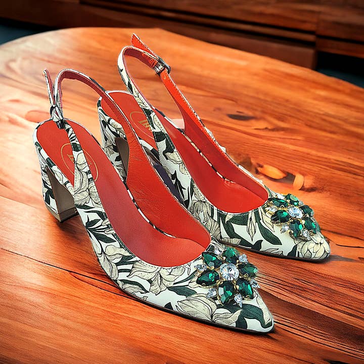 WOLF & ST.OZZY CALFSKIN SLINGBACK PUMP Green /White for wholesale by WOLF&ST.OZZY