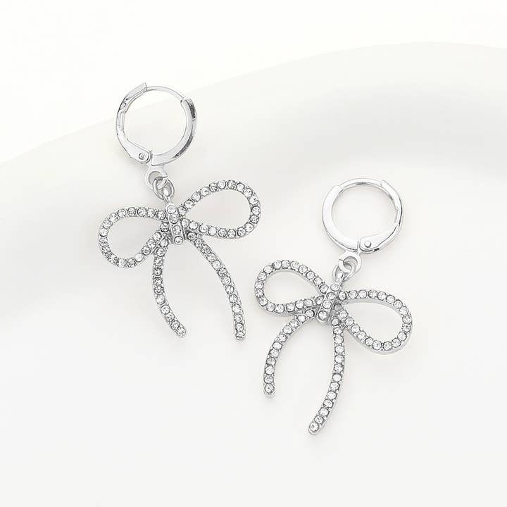 Sensibling Corp. - Wholesale Huggie Earrings - Stone Paved Bow Dangle Huggie Earrings