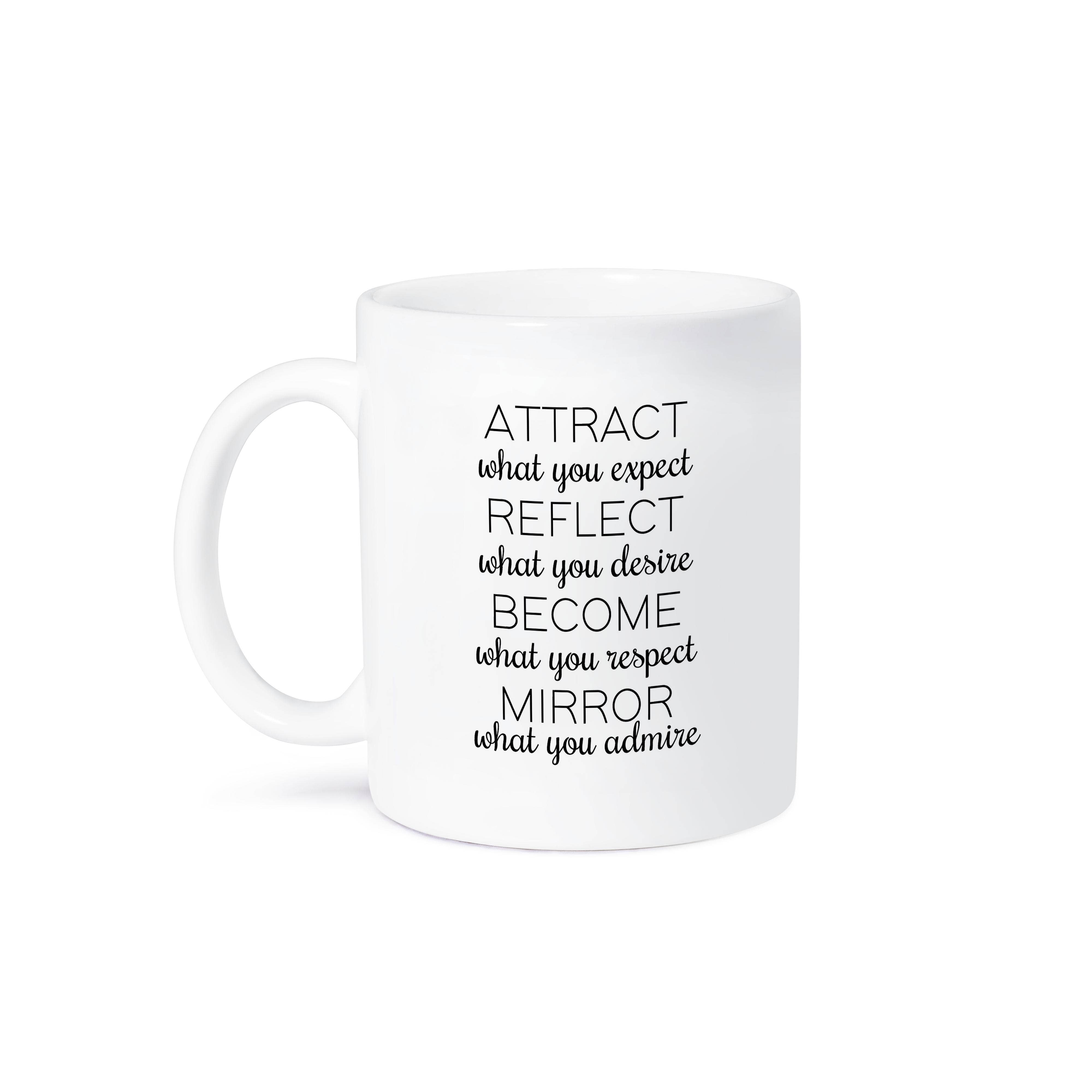 3dRose - Wholesale Coffee Mug - 3dRose, Attract, Reflect, Become, Mirror. Black lettering on white background., Mug8