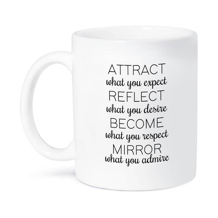 3dRose - Wholesale Coffee Mug - 3dRose, Attract, Reflect, Become, Mirror. Black lettering on white background., Mug8