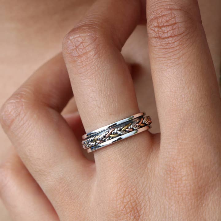 Energy Stone - Wholesale Band/Stacked Ring - Twine Sterling Silver Meditation Spinner Ring