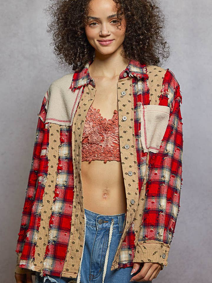 Long sleeve distressed plaid woven shirt for wholesale by Pol Clothing