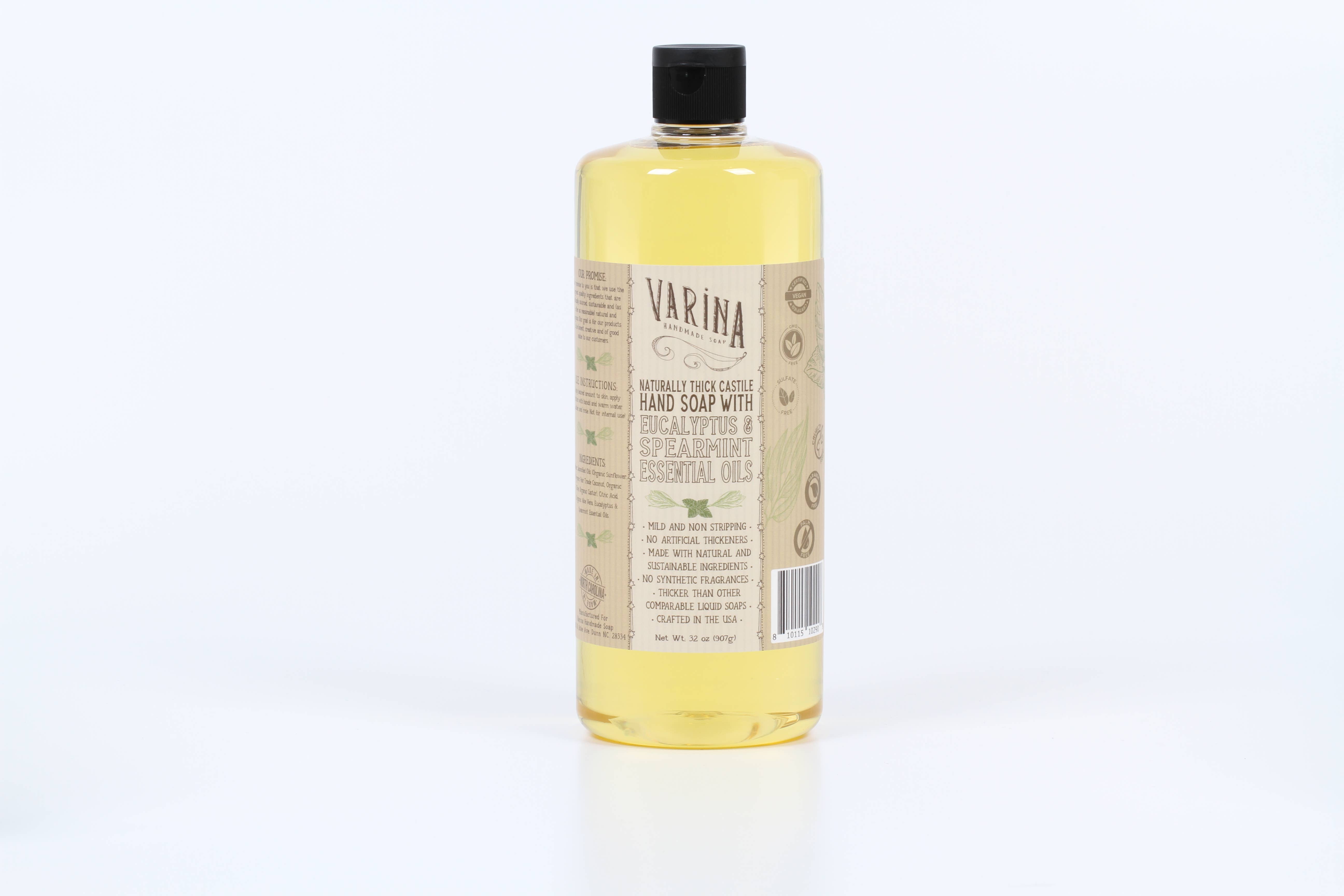 Varina Soap - Wholesale Hand Soap/Wash - Eucalyptus Spearmint Organic Castile Liquid Soap 32 oz0