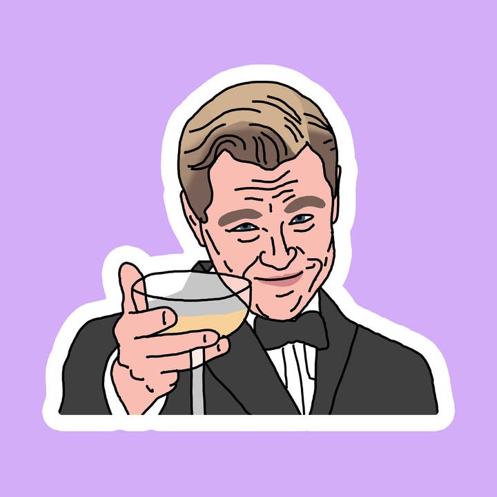 Autocollant mème de Leonardo DiCaprio trinquant pour la vente par Pop Hot Cards