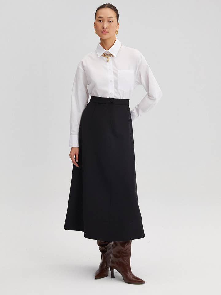 BLACK A-LINE CREPE MIDI SKIRT for wholesale on Faire