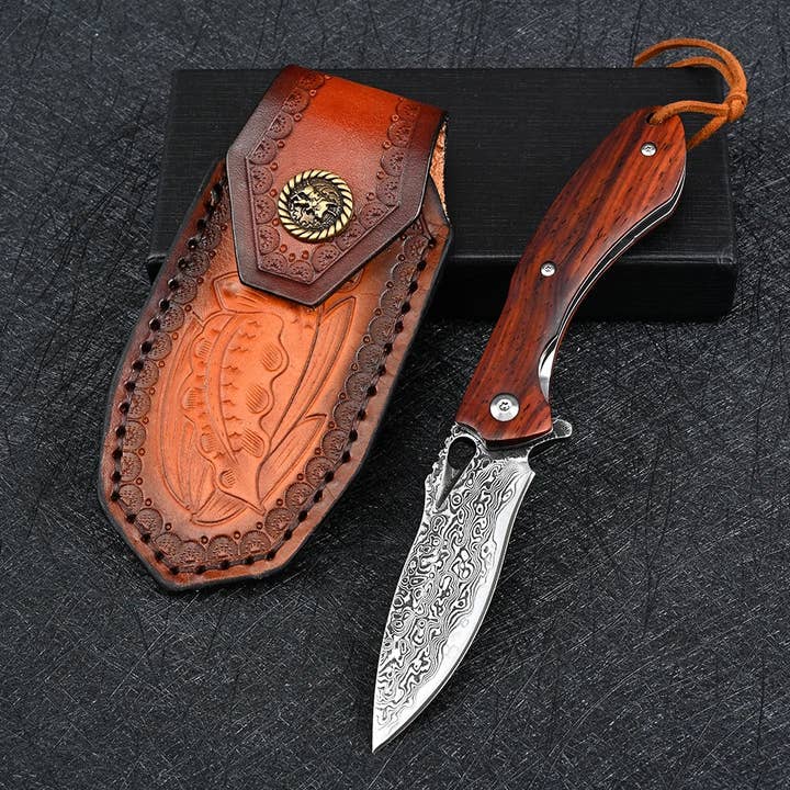 Shokunin USA - Wholesale Pocket Knife/Holder - Damascus Steel Pocket Knife With Engraved Meteor Design