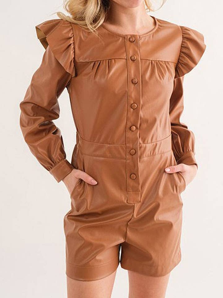 LONG SLEEVE BUTTON UP POCKETS PU PLEATHER ROMPER for wholesale by ROUSSEAU