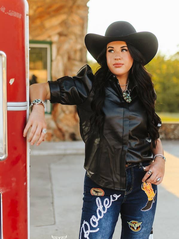 Plus Black Faux Leather Puff Half Sleeve Button Down Shirt for wholesale by LUCKY & BLESSED