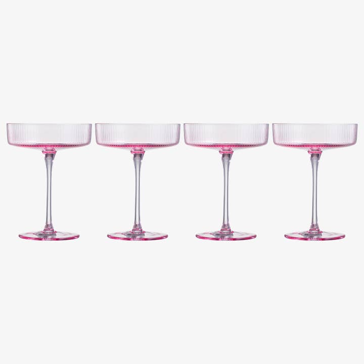 The Wine Savant / Khen Glassware – wholesale Cocktail/liquor glass – Ribbed Coupe Cocktail Glasses 8 oz | Set of 4 (Rose Pink)