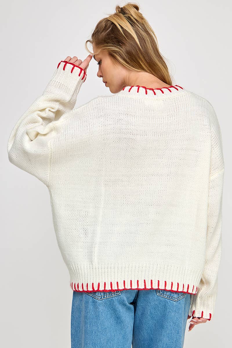 Sweet Generis - Vente Pull en maille – femme - Pull col rond de fête avec gros nœud et surpiqûres contrastées24