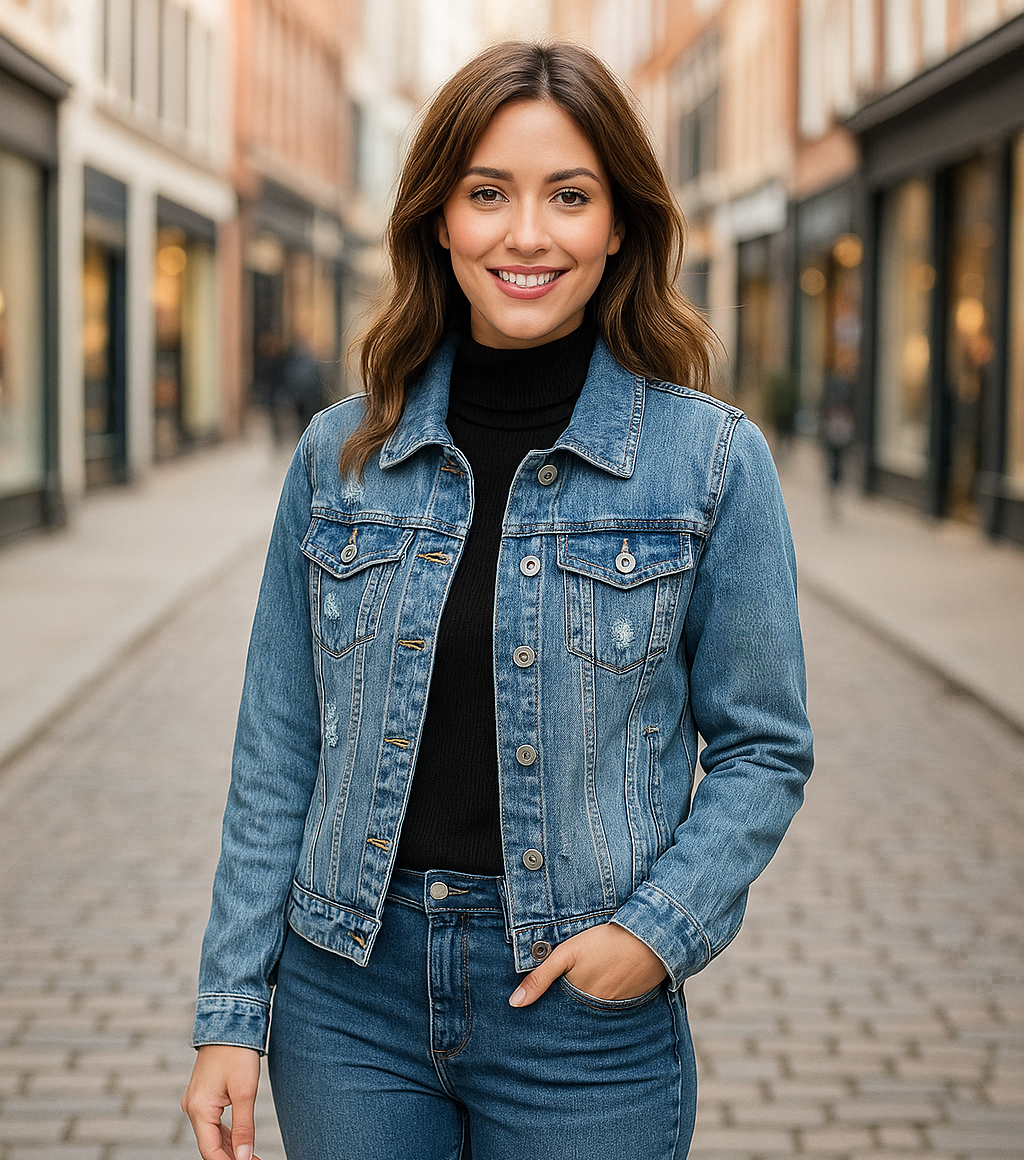 Kurt Muller – wholesale Denim jacket – Women's – Vintage Wash Rip Stitch Stretch Denim Jacket0