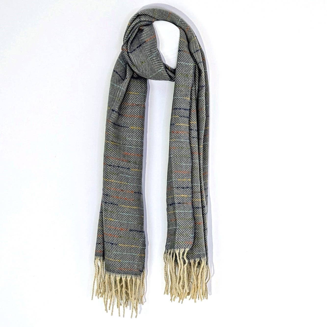 Tempest Designs – wholesale Scarf – Women's – Subtle herringbone scarf with multi coloured fleck and twisted tassels2