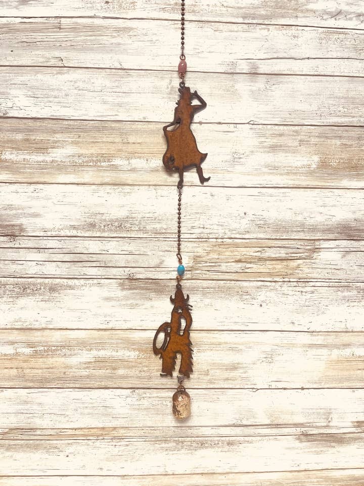 Cowgirl and Cowboy Double Bell Rustic Western Garden Chime for wholesale by Universal Ironworks USA