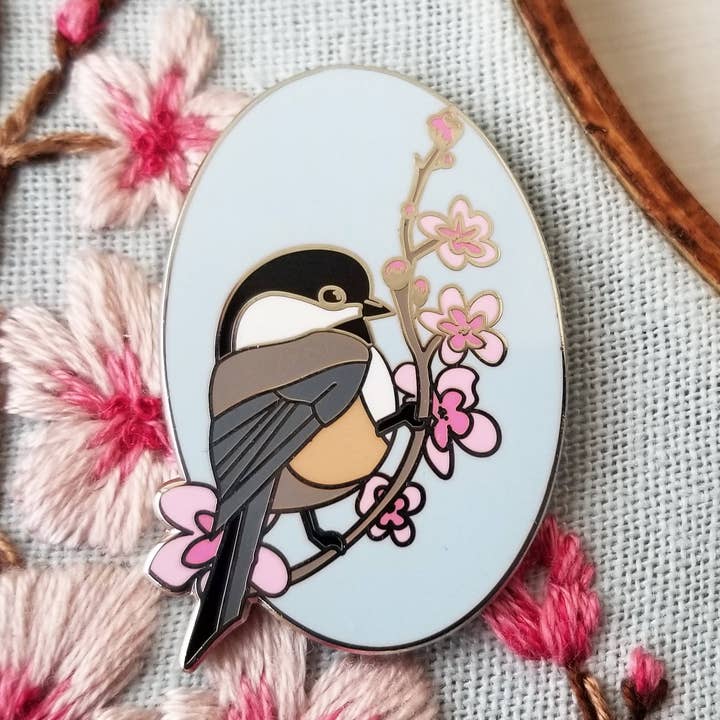 Chickadee Enamel Needle Minder for wholesale by Jessica Long Embroidery