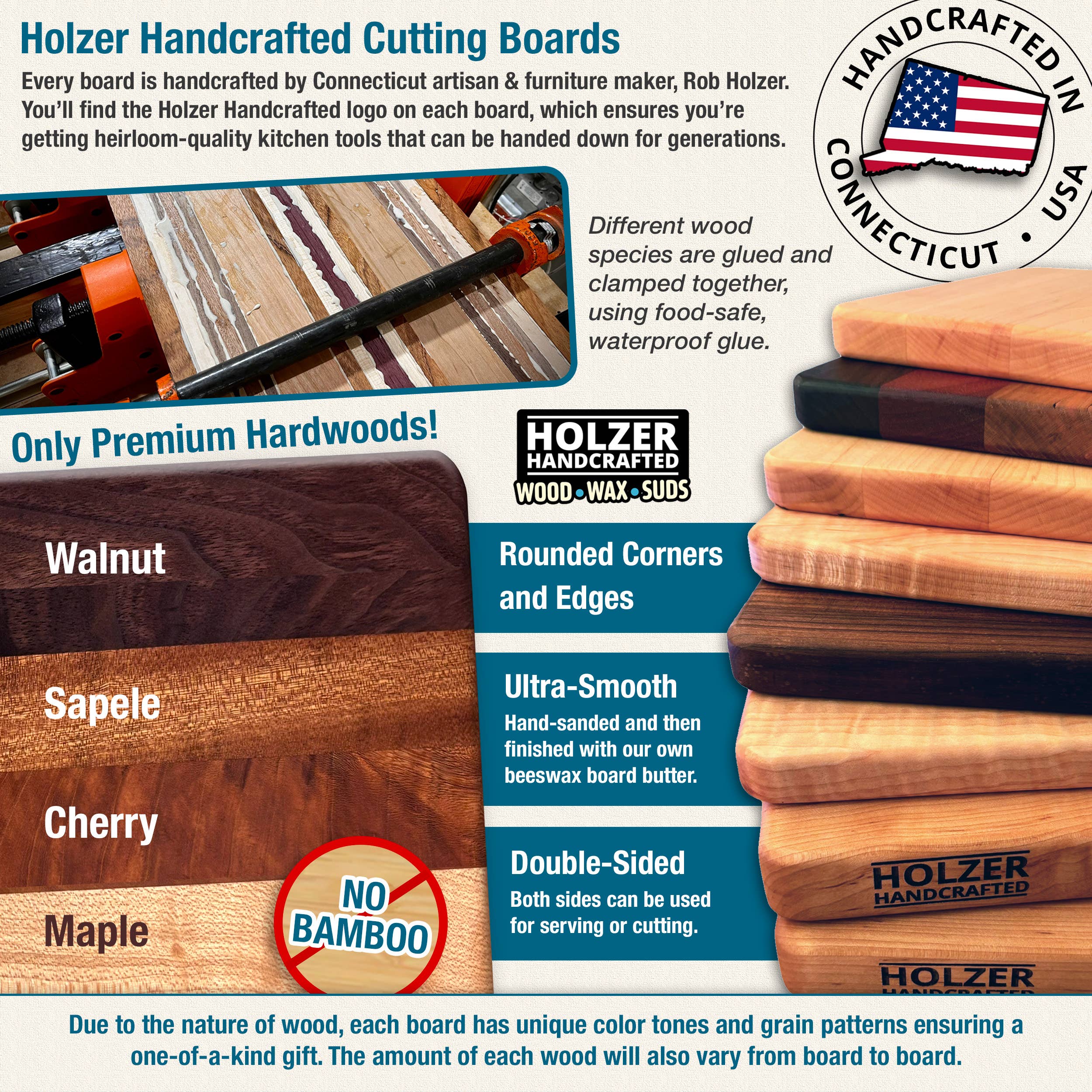 Holzer Handcrafted ® - Vente Planche à découper - Planche à découper artisanale 16" x 10" x 0,8" | Bois dur érable, cerisier, sapele, noyer | Holzer Handcrafted4