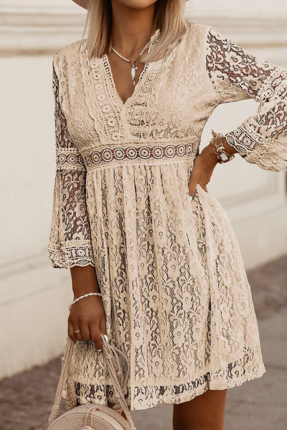 Dust Storm Lace V-Neck Three-Quarter Sleeve Dress for wholesale on Faire0