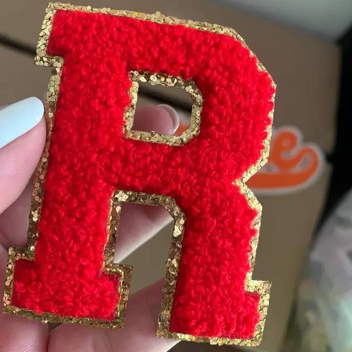 Iron On Red 2.8”(7.1 Cm) Varsity Personalized Chenille With Gold Glitter Letter Handmade Patchs/Initial A-Z Alphabet Patches for wholesale by Raphael wonders