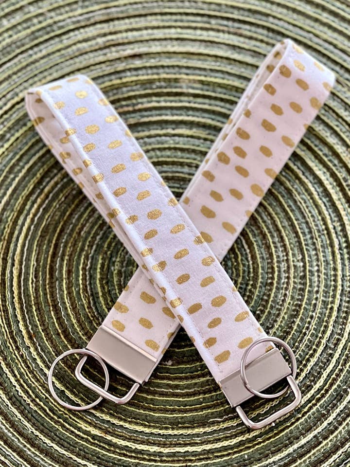 White and Gold Dotted Wrist Lanyard Wristlet Keychain for wholesale by Jbird Handcrafted