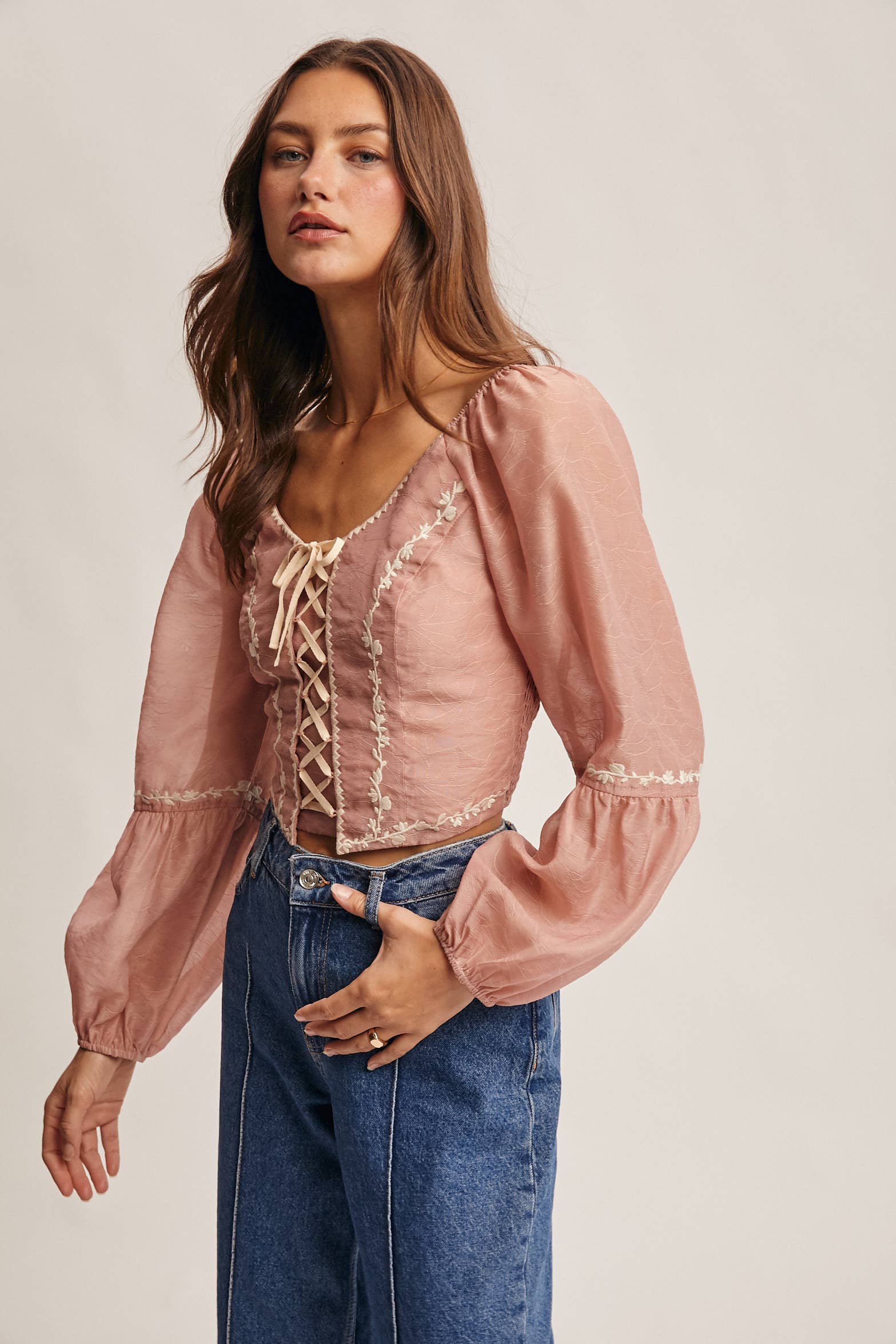 Forte - Wholesale Blouse - Women's - Lace-Up Embroidered Puff Sleeve Top FT0007 3