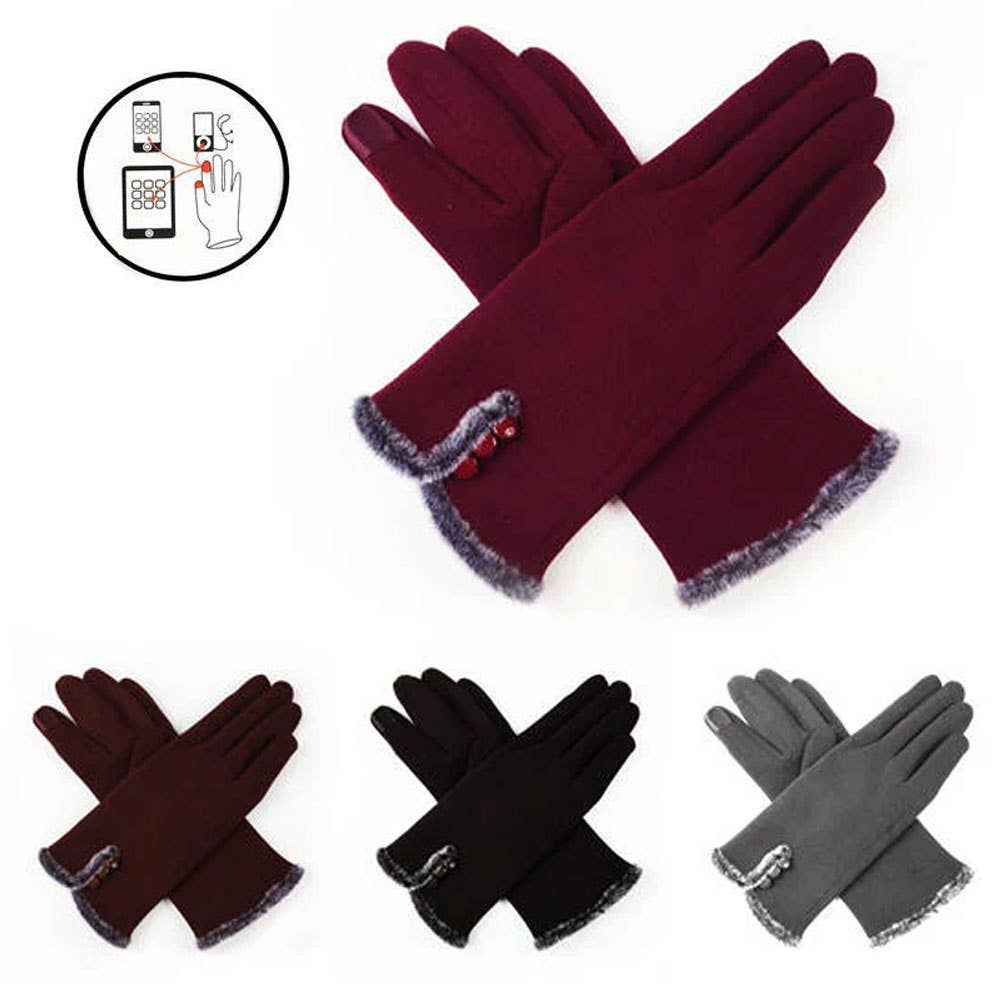 Sensibling Corp. – Engroshandel Handsker - Dame – 12Pairs - Vinterhandsker med falsk pelskant og knapdetalje, smart touch1