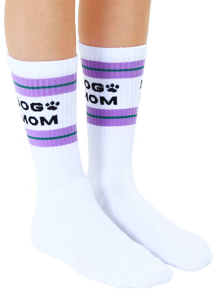 Living Royal - Wholesale Socks - Women's - Classic Crew Socks w/ Ribbed Tubing - "Dog Mom" - White1