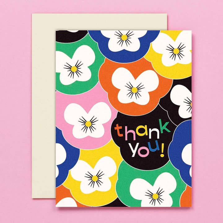 Technicolor Pansies Retro Floral Thank You Card for wholesale by My Darlin'